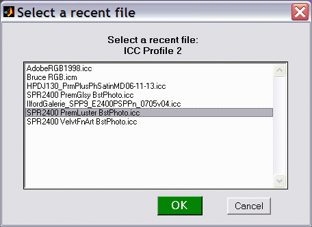 Recent file selection window
